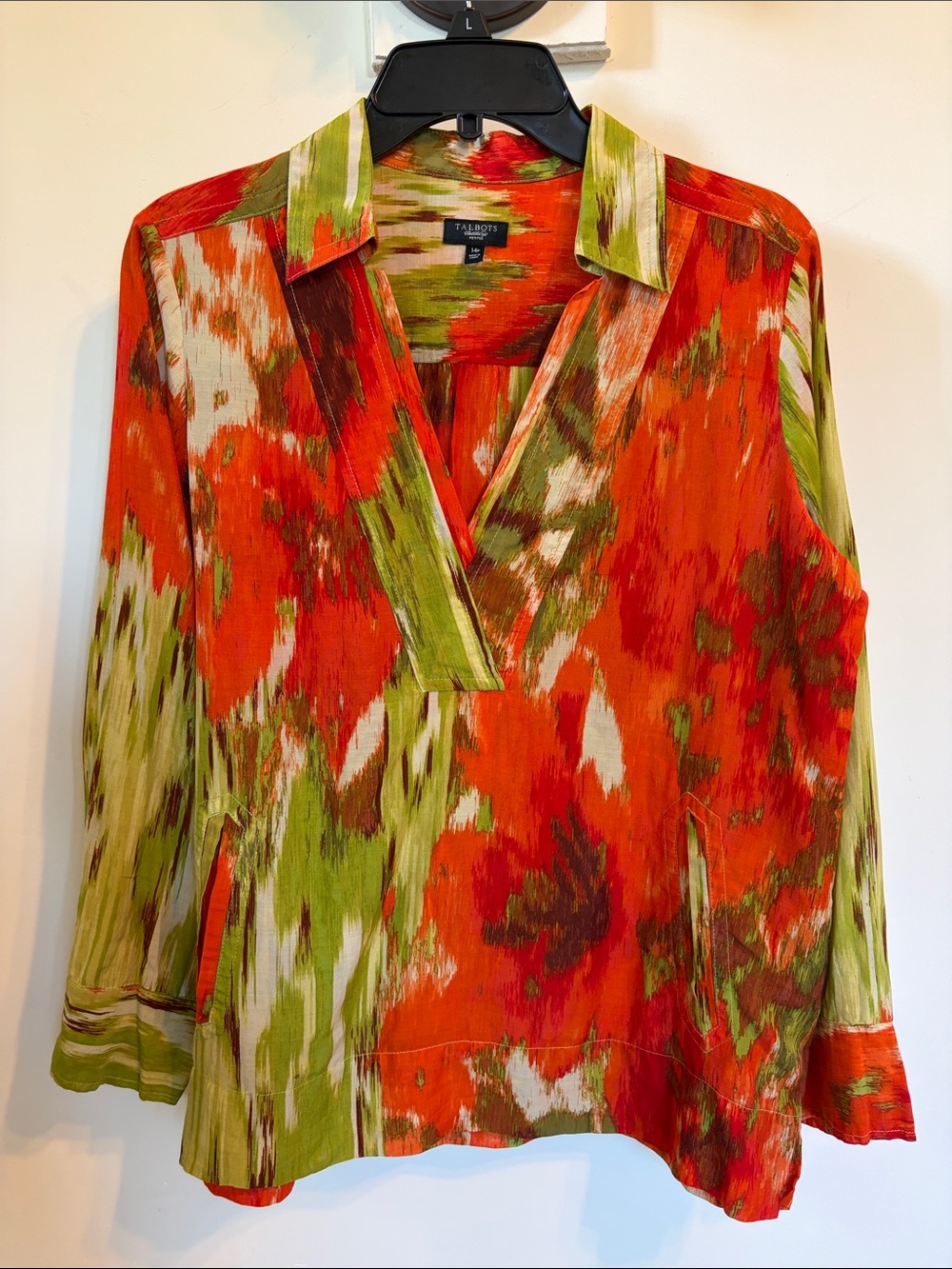 Talbots Petite 14P Cotton Silk Tunic Top Abstract Print Pockets Orange Green